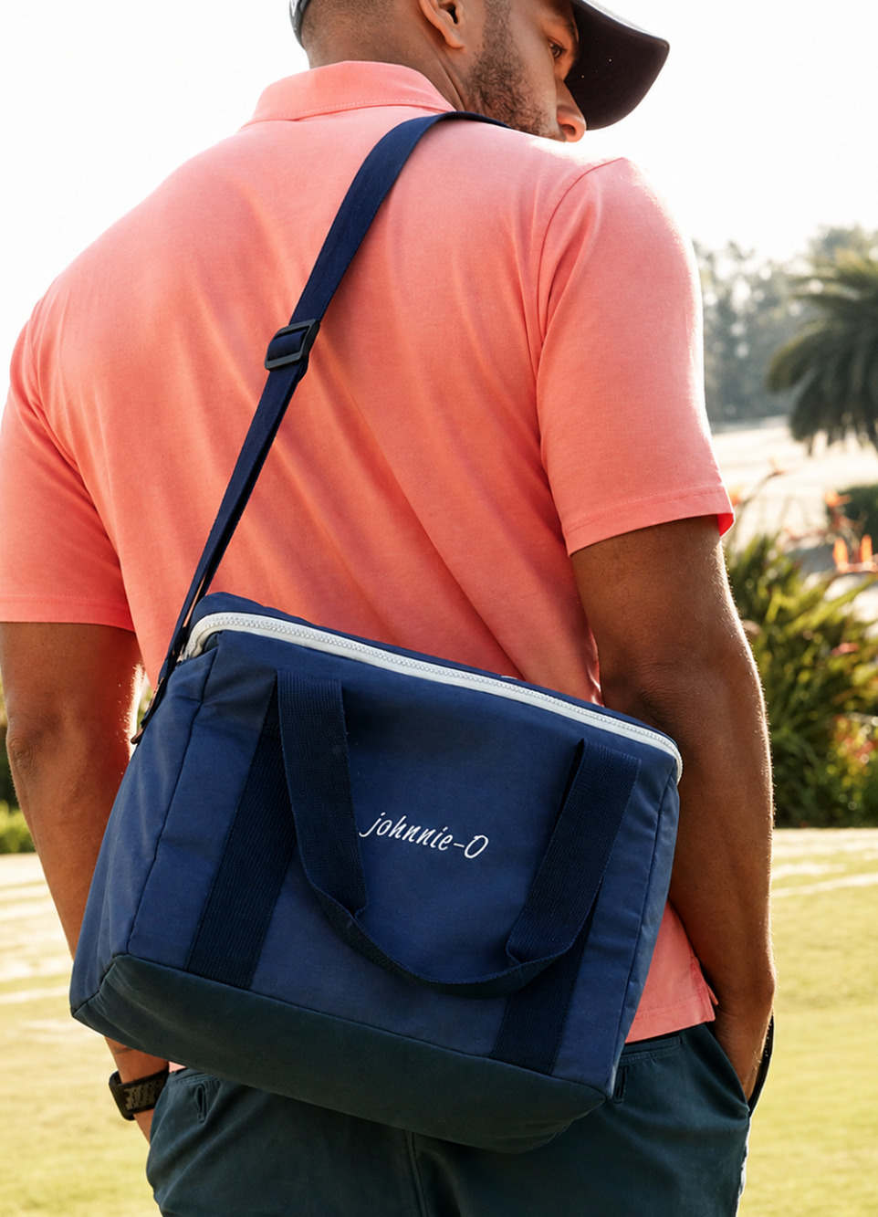 JOHNNIE-O NAVY BLUE MINI INSULATED COOLER LUNCH BAG SHOULDER STRAP GOLF BEACH